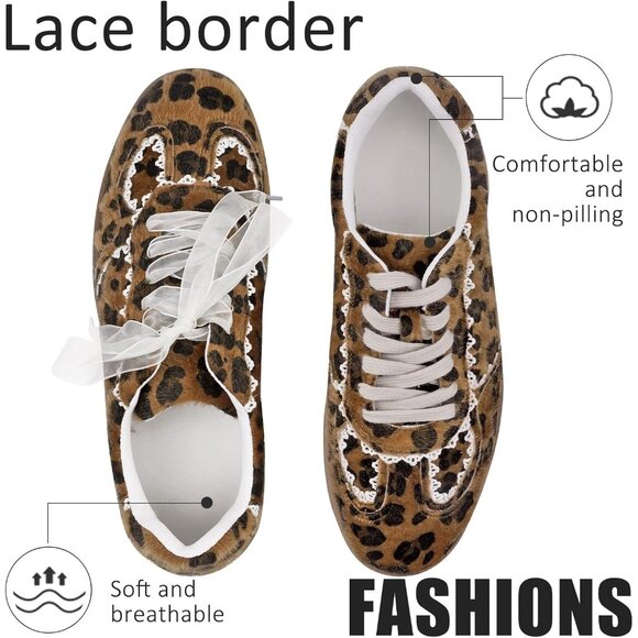 Women's Brown Casual Crochet Lace Ribbon Ballet Trendy Spring Sneakers Shoes - Picture 3 of 4